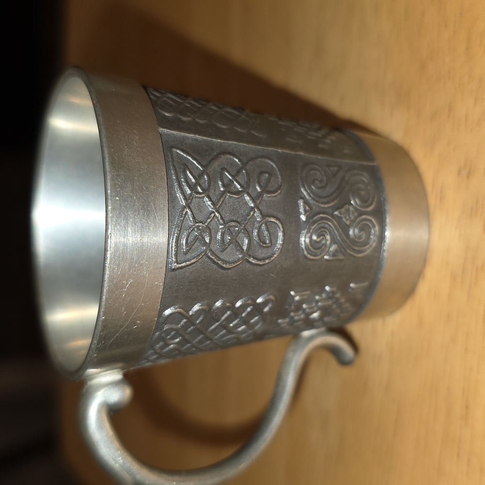 Vintage Mullingar Ireland Signed Pewter Celtic Design Mug / Whiskey Measure